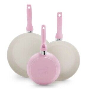GreenPan Rio 3pc Fry Pan Set Blush Pink Healthy Ceramic Nonstick NEW